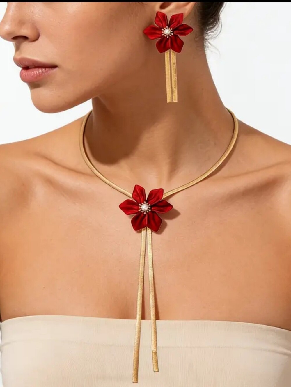 2 Pc Fashion Gold Choker Necklace & Red Flower Earrings Set